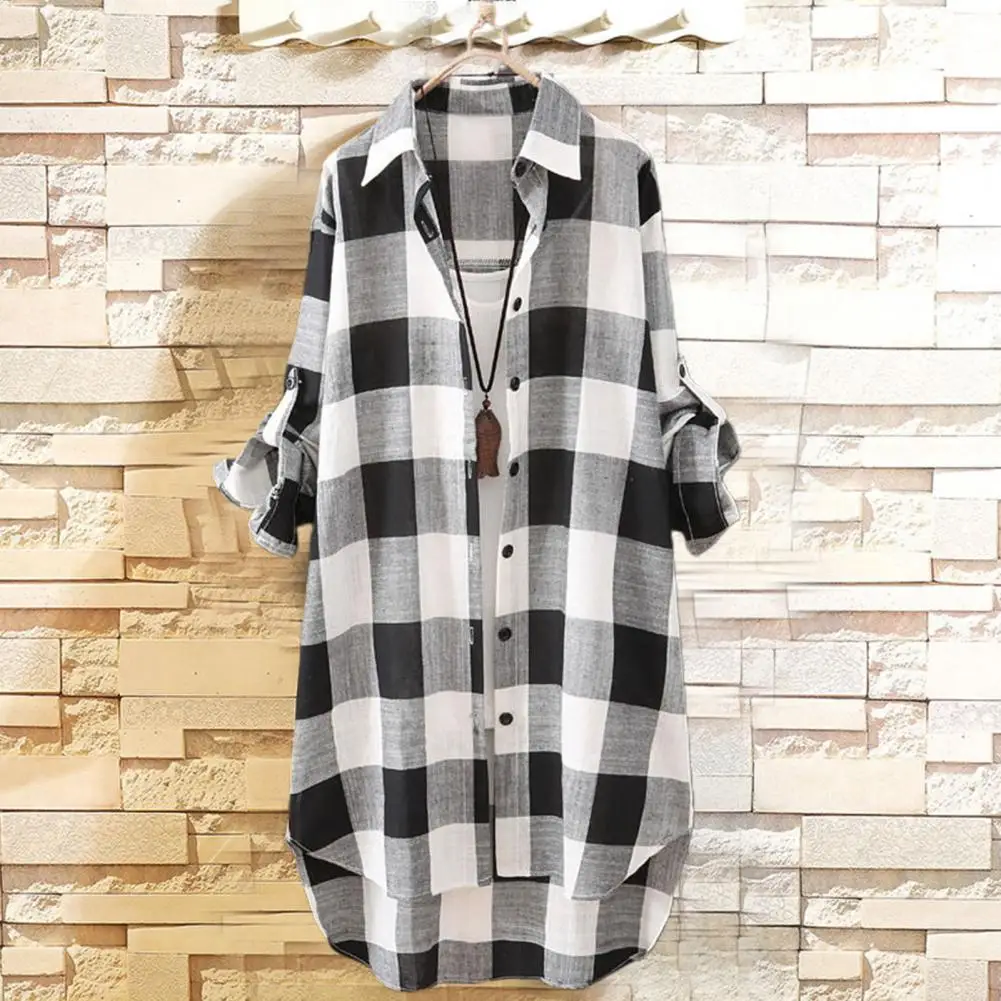 Stylish Sunscreen Shirt Hem Buttons Closure Long Shirt Plaid Print Long Sunscreen Clothes