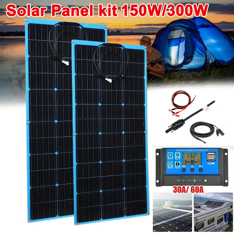 

150W/300W 18V Solar Panel Kit Complete Waterproof High Efficiency Flexible Solar Battery Charger System for Home Car RV Camper