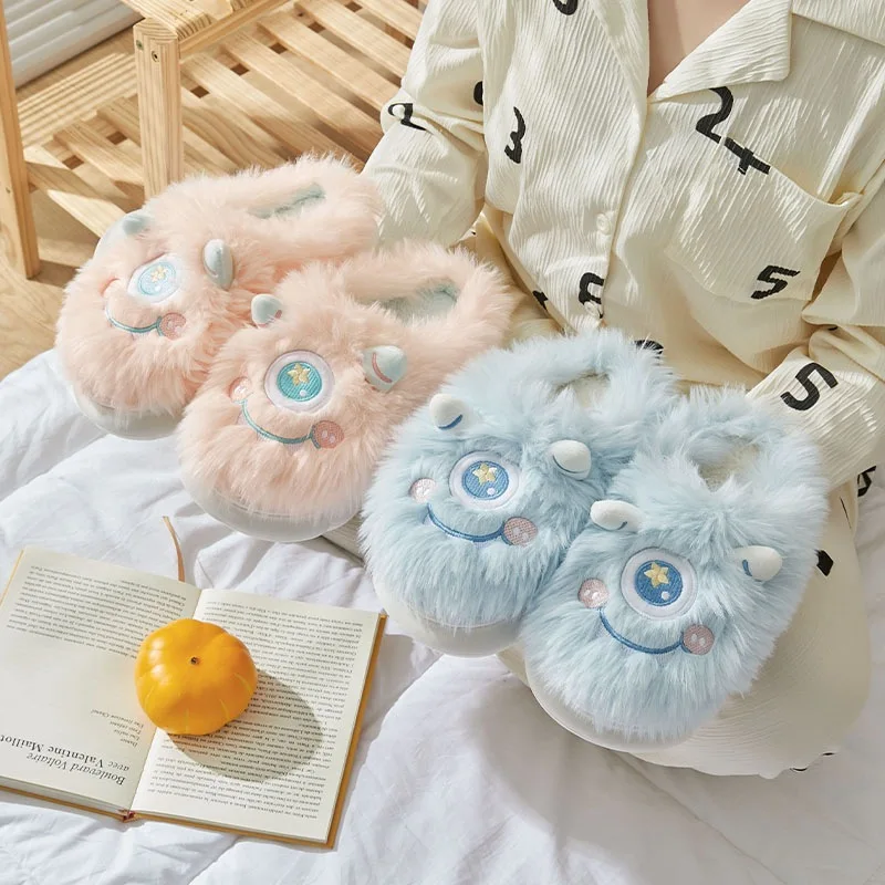 Bebealy Cute Cartoon Plush Slippers For Women Fluffy Winter Furry Animal Home Slippers Indoor Fuzzy Couple Casual Cotton Slipper