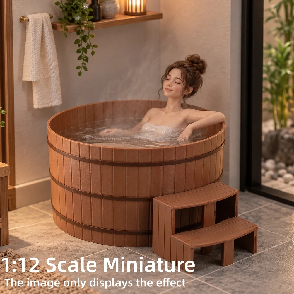 Dollhouse Furniture, Miniature Furniture, Dollhouse Miniature Models, 1:12 Scale/1/12 Scale 3D Printed Bathtub, Outdoor Garden Round Bath Tub, Pla Material, Not Made of Wood. Designed with Entrance Steps, It Is Suitabl
