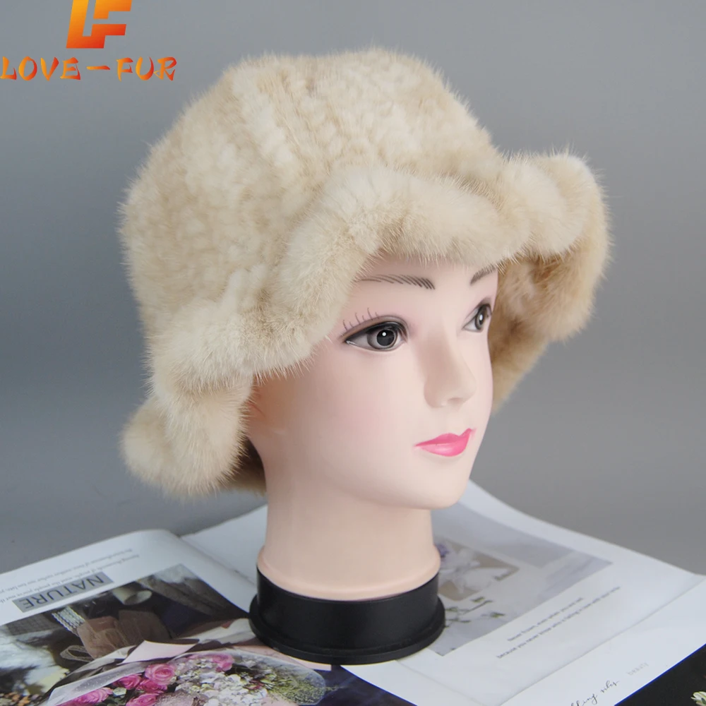 Women's Hat 2025 New Winter Lady Natural Mink Fur Cap Beanies Real Mink Fur Hat Casual Luxury Flower Knitted Bucket Hat Pots Cap