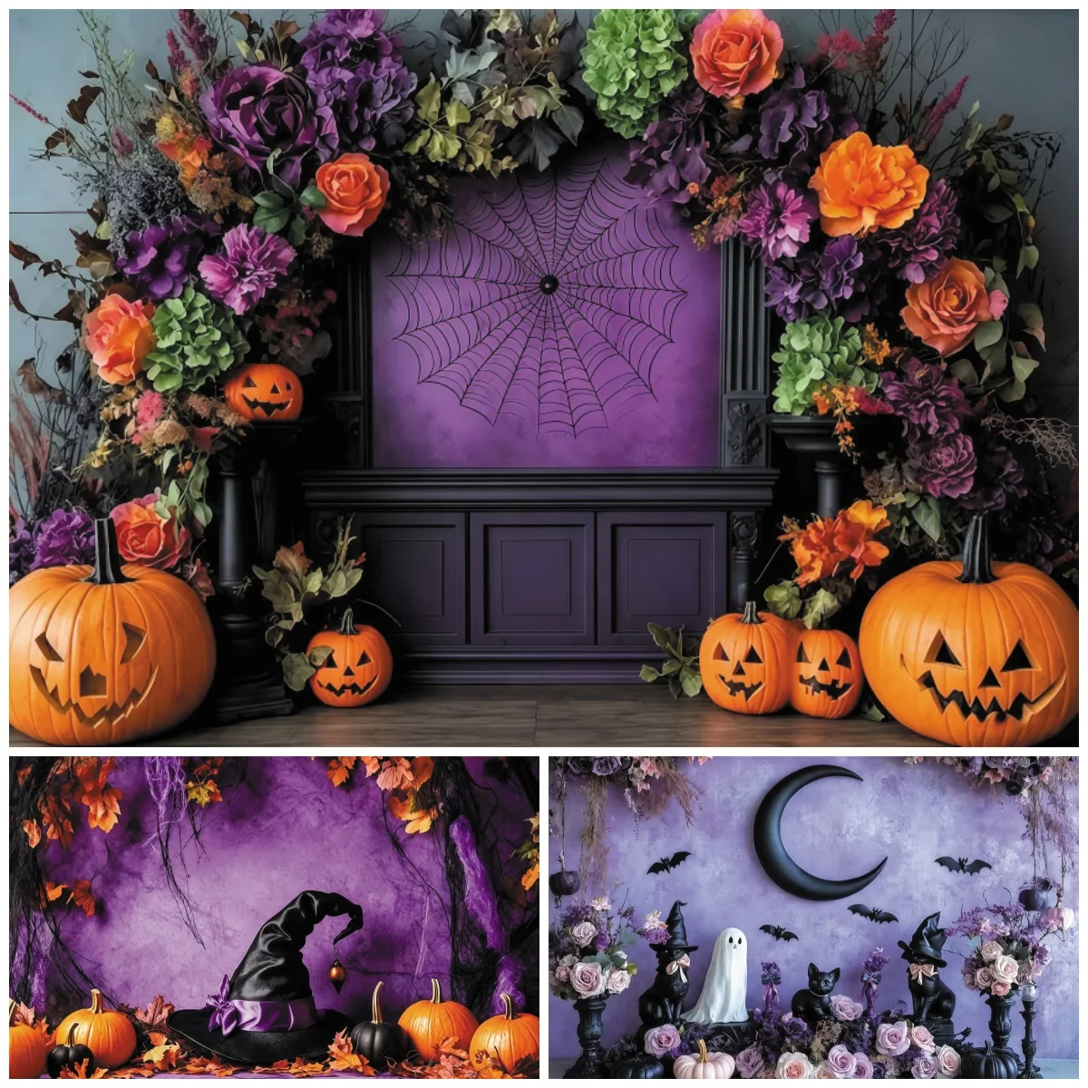 Halloween Purple Spider Web Pumpkin Flower Photography Backdrop Spooky Party Birthday Photo Background Studio Props Decoration