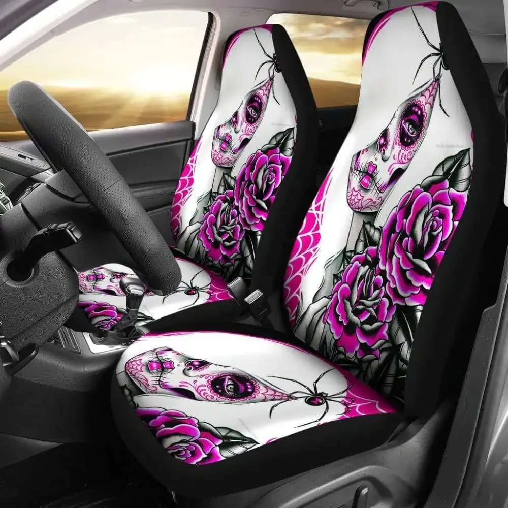 2 Pcs Sugar Skull Girl Skull Car Seat Covers,Pack of 2 Universal Front Seat Protective Cover