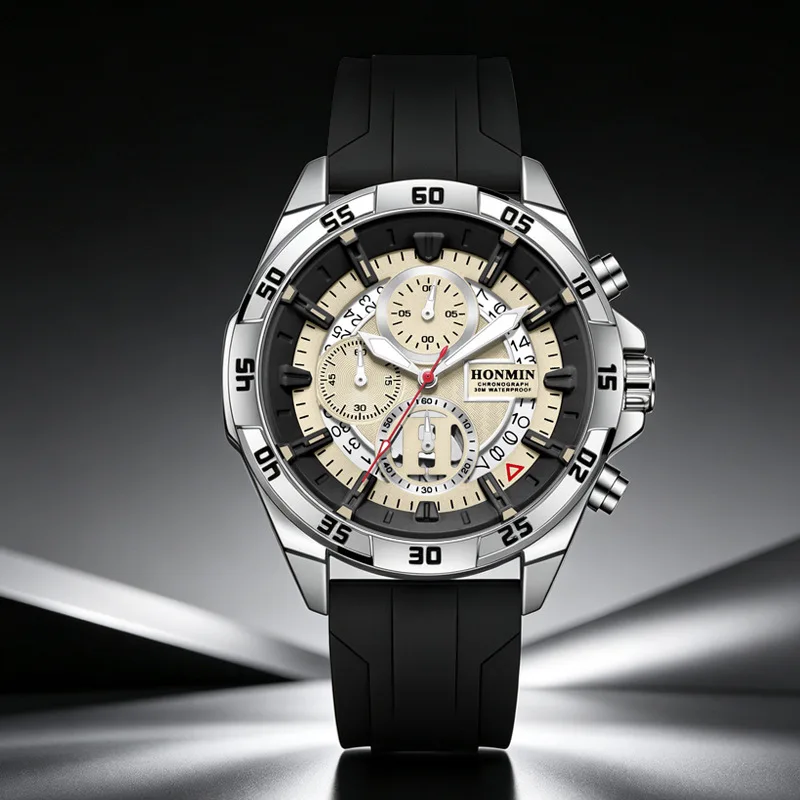 Brand Watch Sports Tactical Wind, Round Outer Ring Scale Rubber Band Stylish Multifunctional Large Dial 6-Pin Quartz Watch**