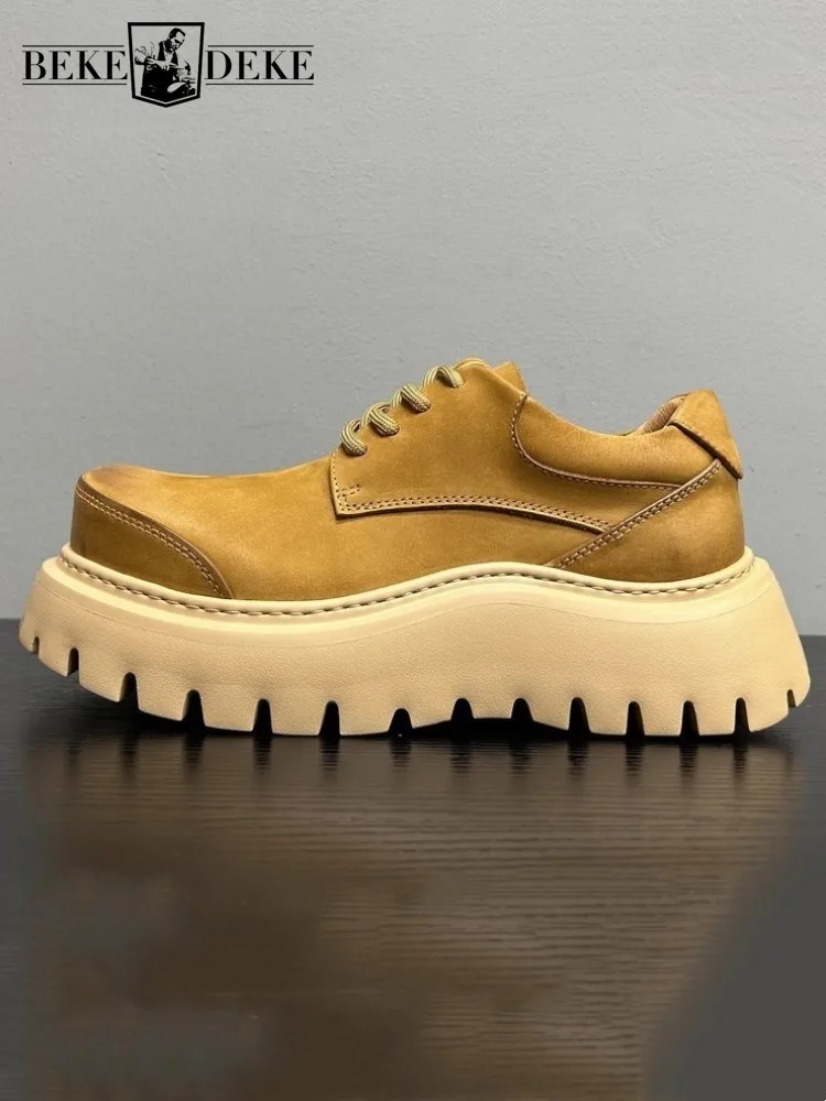 Personality Platform Derby Shoes Men Cowhide Genuine Leather Casual Shoes Office Men Round Toe Work Height Increasing Shoes New