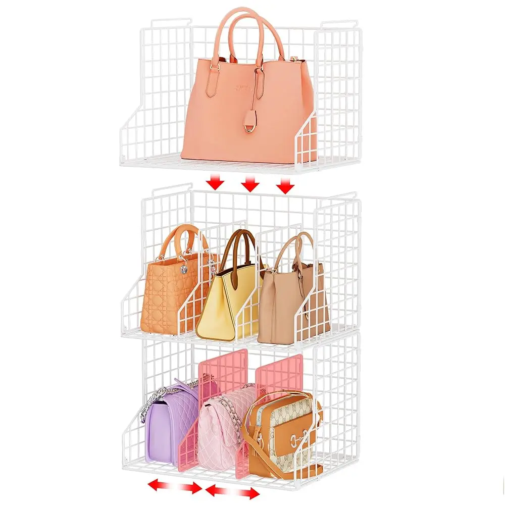 Purse Storage Organizer for Closet : Adjustable 3-Pack Dividers Handbag Organizer - Stackable Wire Handbags Storage Baskets