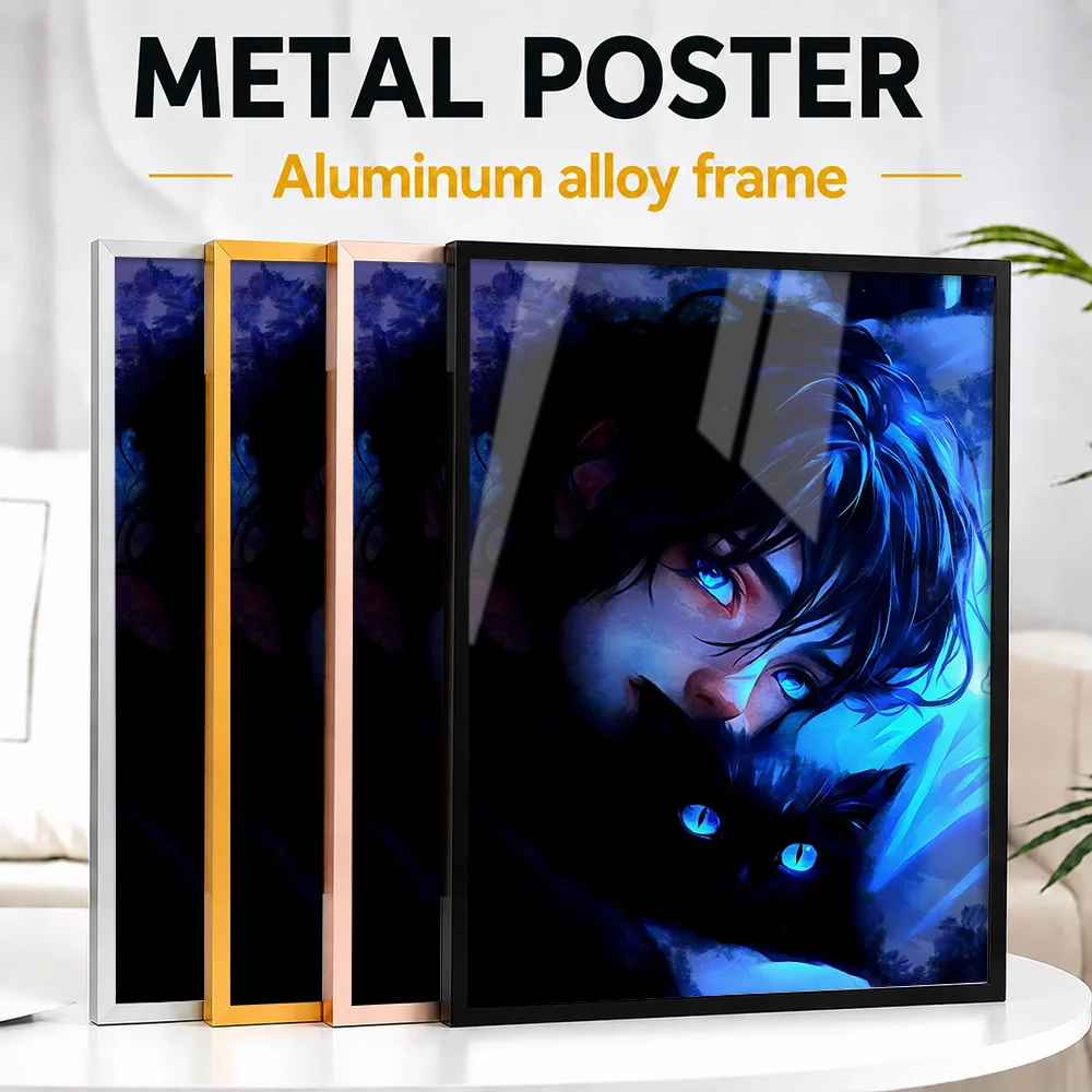 Boy And Black Cat With Blue Eyes Framed Aluminum Metal Poster Personalized Surreal Wall Art For Games Room, Fantasy Fan Gift