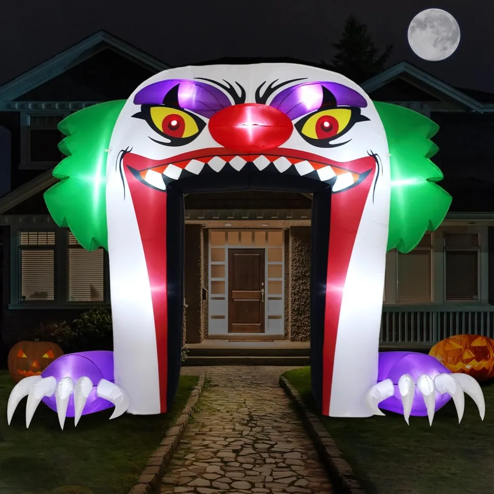 Gigante 10 pies inflables de Halloween arco de payaso decoraciones al aire libre, arco de Halloween aterrador explotar decoraciones de patio para frente Ya