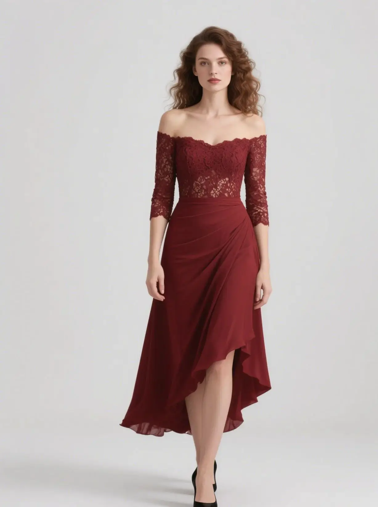 

Elegant A-Line Evening Dress Asymmetrical One Shoulder Chiffon Lace Half Sleeve Ruffles Wedding Guest Dress 2025 Free Customized