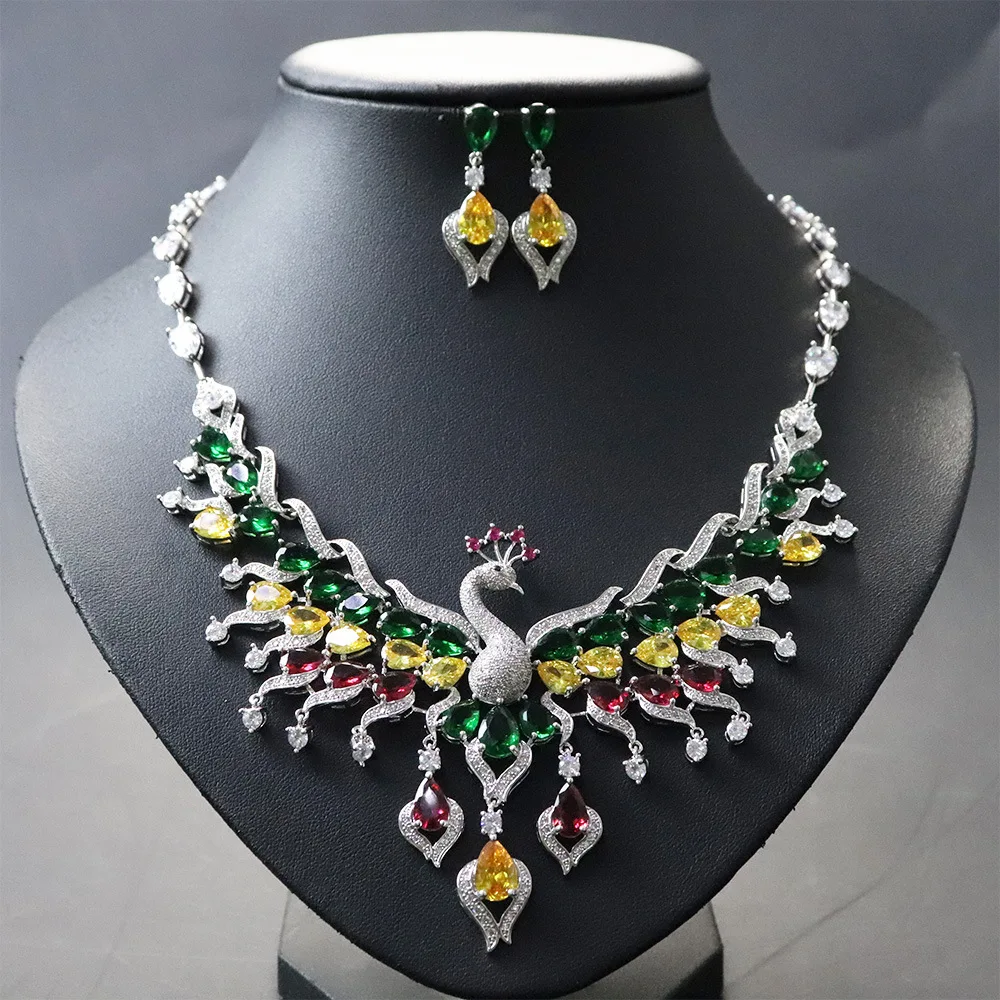 New Fashion Light Luxury Ethnic Style Inset Zircon Earrings Peacock Fringe Collar Bone Necklace Bridal Jewelry Set For Women