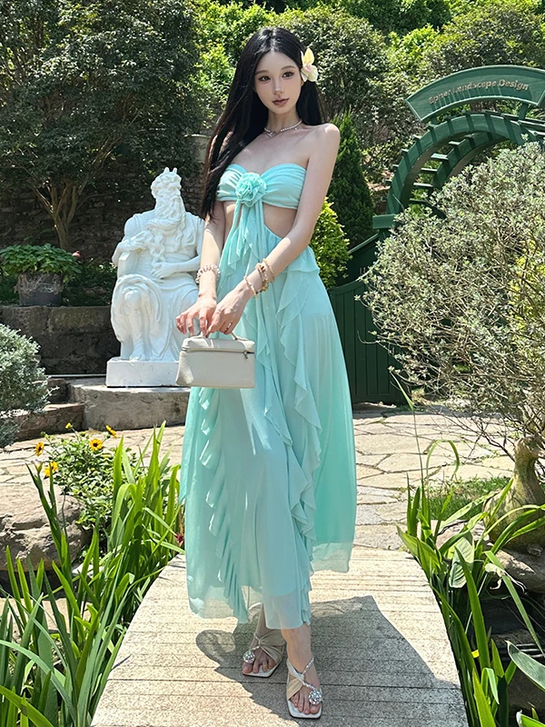 Ele Long Dr Sexy  Waist Floral Decoration Hanging Ne Girl's Dr WEIRD PUSS Brand Polyester Spandex Summer D...