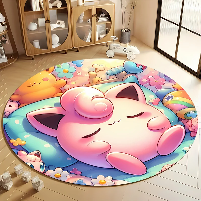 Pokemon Jigglypuff Round Carpet Rock Floor Mats Flannel Printed Area Rug Sound Insulation Pad for Music Bedroom Decorative