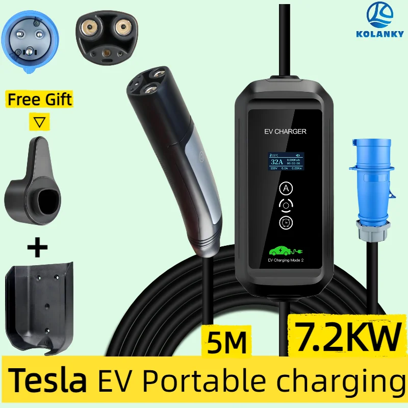 

7.2KW Tesla Plug 5M Portable EV Charger 7KW 32A 1P With CEE Blue EVSE Charging NACS Wallbox For Electric Vehicle Cars Total 5M