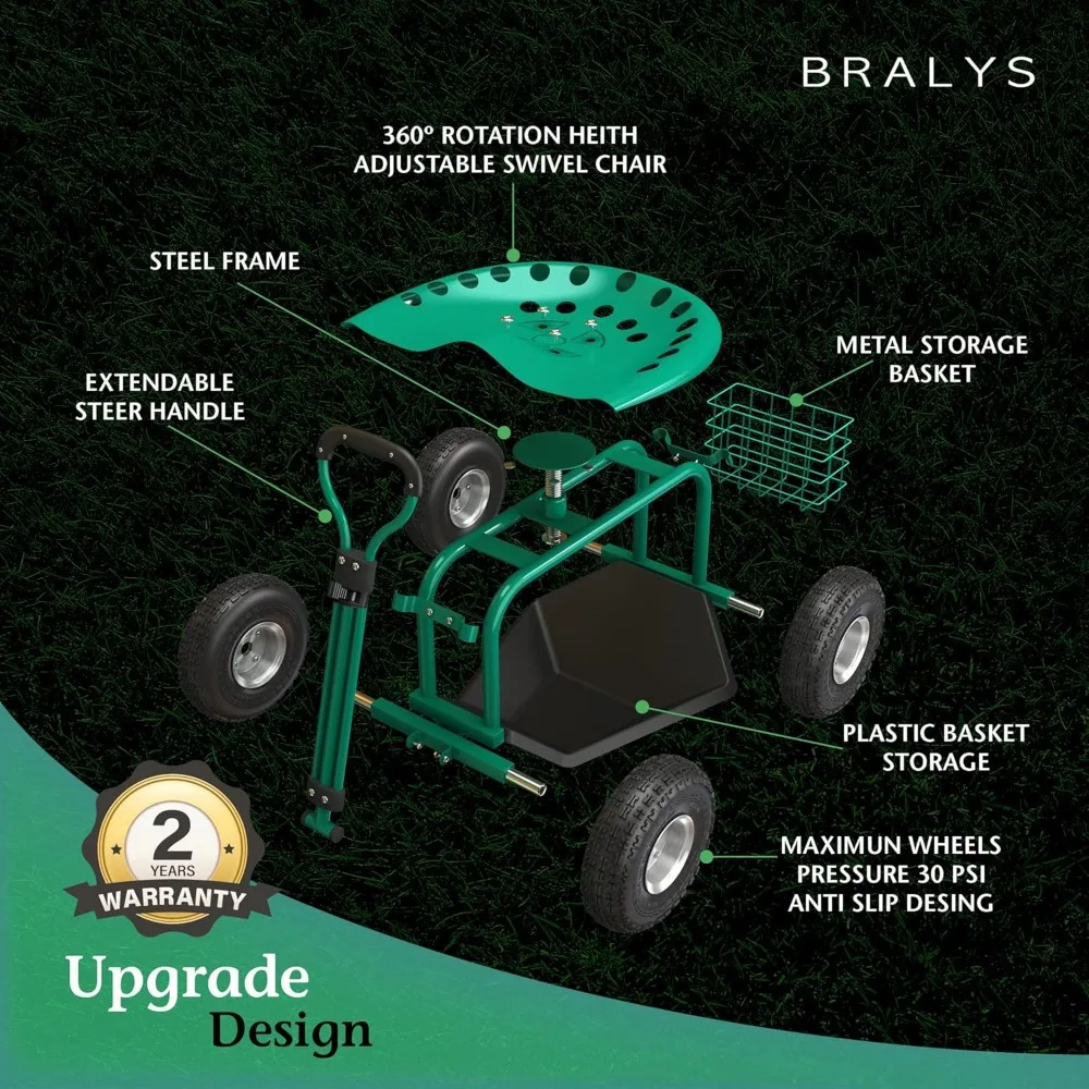 Garden Cart with Seat - Basket, Waterproof Cover Included ,360degree Rotation, Height Adjustable Swivel Chair.