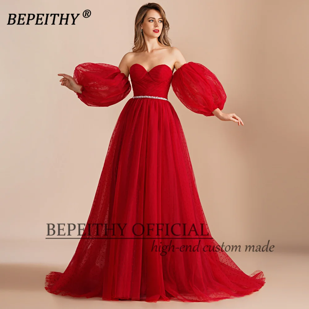 BEPEITHY Customized Sweetheart A Line Evening Prom Dress 2023 With Detachable Sleeves Court Train Pink Formal Occasion Gown New