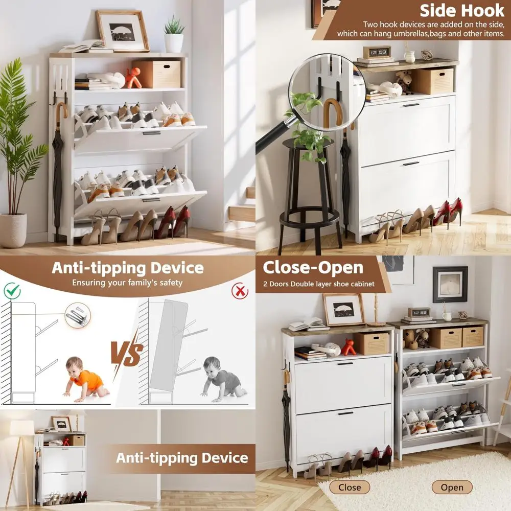 خزانة أحذية قابلة للتعديل مع مساحة تخزين مخفية وأدراج الروطان لتنظيم الأحذية