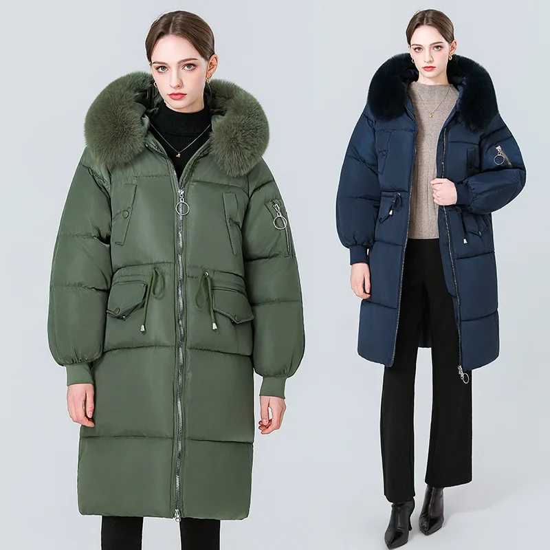Women Knee Lenth Parkas Coats Fur Hooded Overcoats Solid Zipper Long Sleeves Thick Loose Office Lady Casual Autumn Winter 2026