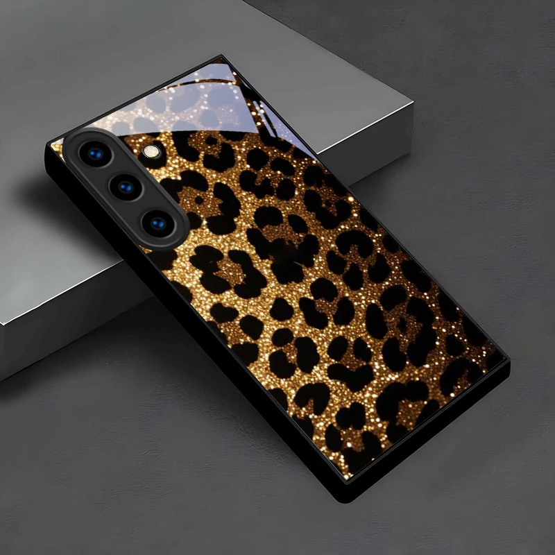 Sparkle Gold‑Black Leopard Black Glass Phone Case For Samsung Galaxy S26 Ultra S25 Edge S24 FE S23 Plus S22 S21 S20 S22 25 Cover