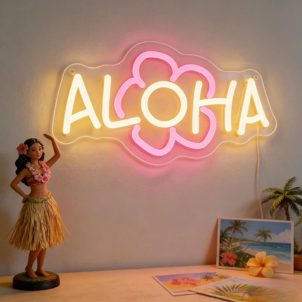 

Aloha LED Neon Sign with Hawaiian Meaning for Home Decor Bedroom Bar Party Tropical Relaxing Atmosphere Romantic Wall Art Gift