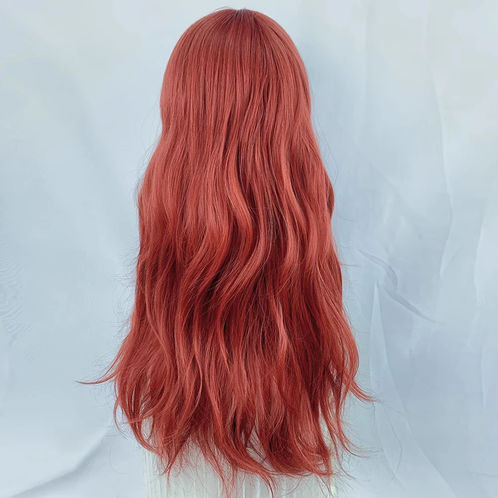 Long Wavy Orange Red Wig with Bangs Synthetic Fluffy Lolita Cosplay Women Heat Resistant Wig for Daily Party