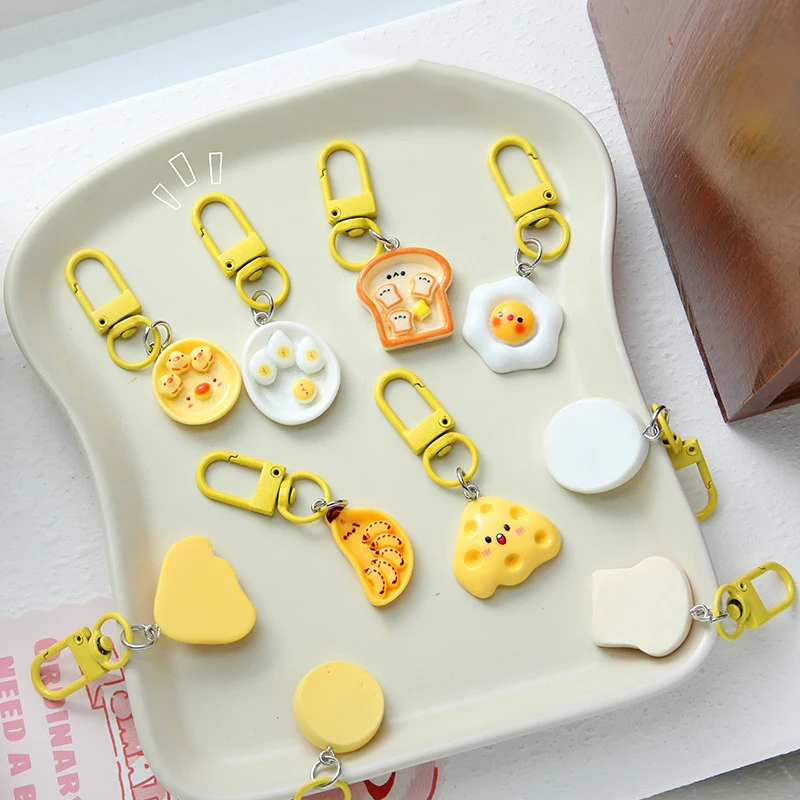 6Pcs Cute Breakfast Plate Keychain Cartoon Realistic Food Toy Pendant Small Gift Student Mini Bag Charm Keychain