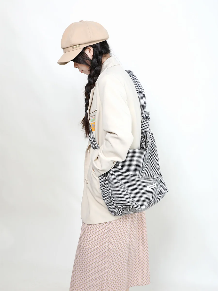 ins blue plaid shoulder bag for women 2026 spring new canvas bag large capacity casual dumpling bag crossbody bag Handbags