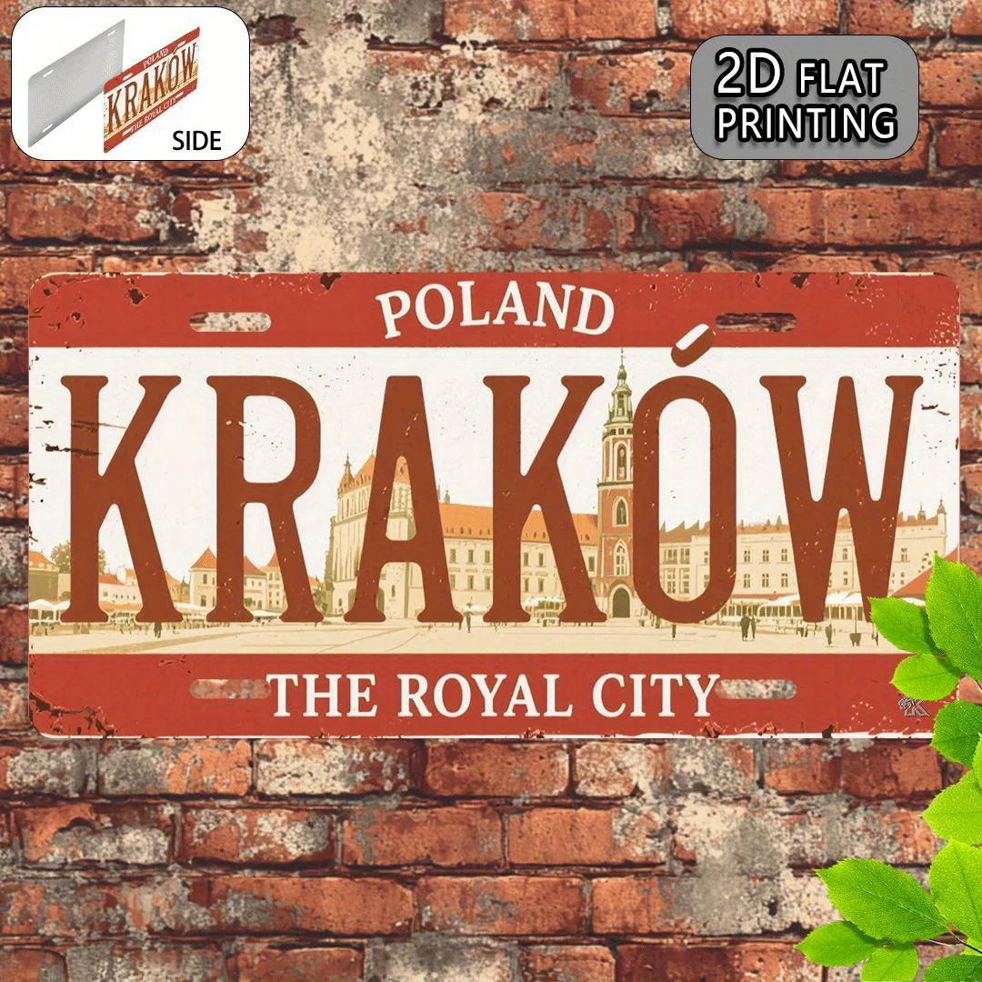 2D Flat - [2D Flat] Retro Krakow Metal Plaque - 2D Flat Printed Aluminum Wall Artwork, 11, 22.86X15.24 Cm Polish Cityscape De