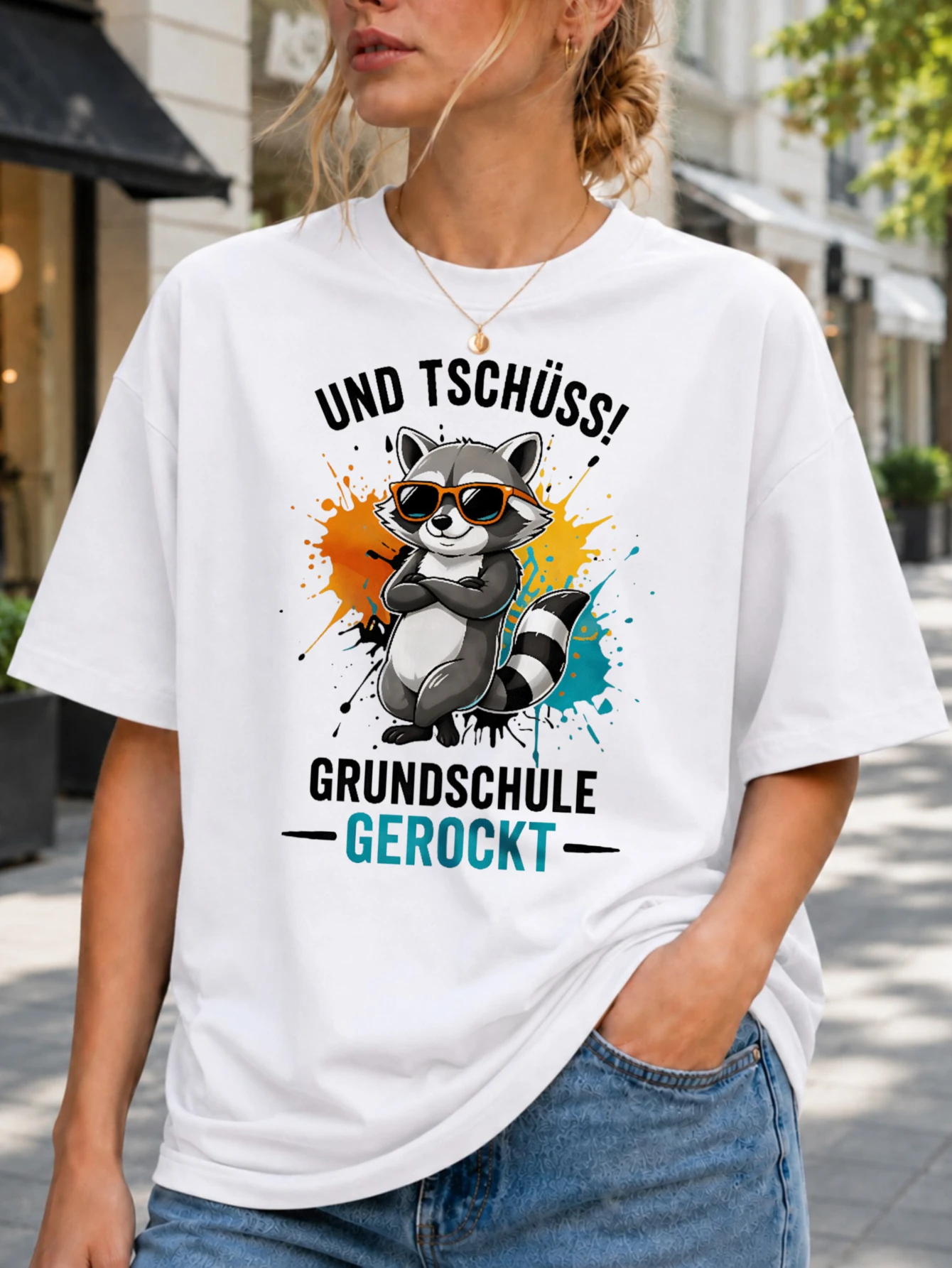 Und Tschuss Grundschule Gerockt raccoon Tee with paint splashes and eletary school graduation humor  Unisex All T-Shirt