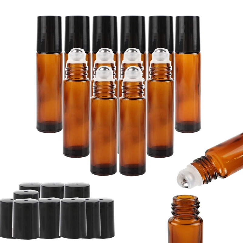 12sets 10ml Amber Glass Roll on Bottle with Stainless Steel Ball for Essential Oils Empty Refillable Perfume Bottles Containers