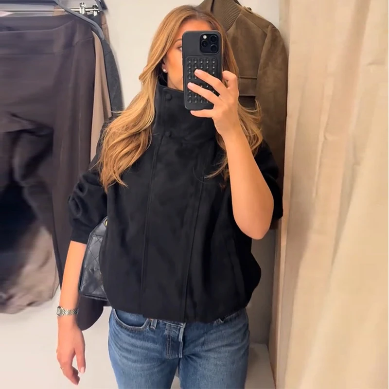 Oversize-Mäntel für Damen, Stehkragen, seitliche Knopfleiste, lange Ärmel, Jacken mit Reißverschluss, Herbst, Damen, geraffte, einfarbige, lockere Jacke, neue Oberbekleidung – Detail 7
