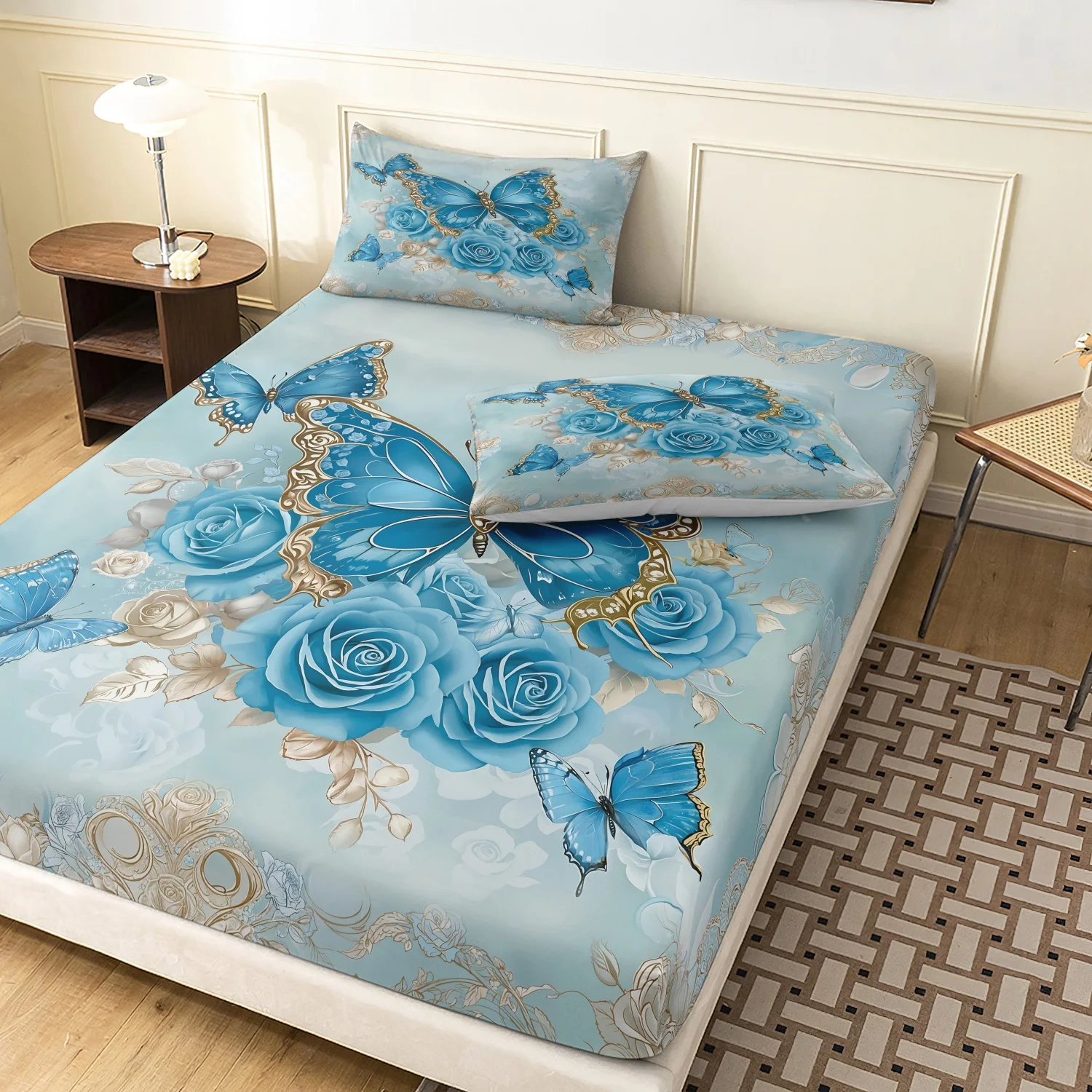 3 Pieces Light Cyan Blue Rose Butterfly Print Fitted Sheet Set, Elegant Golden Vintage Ornament Floral Print Bedding