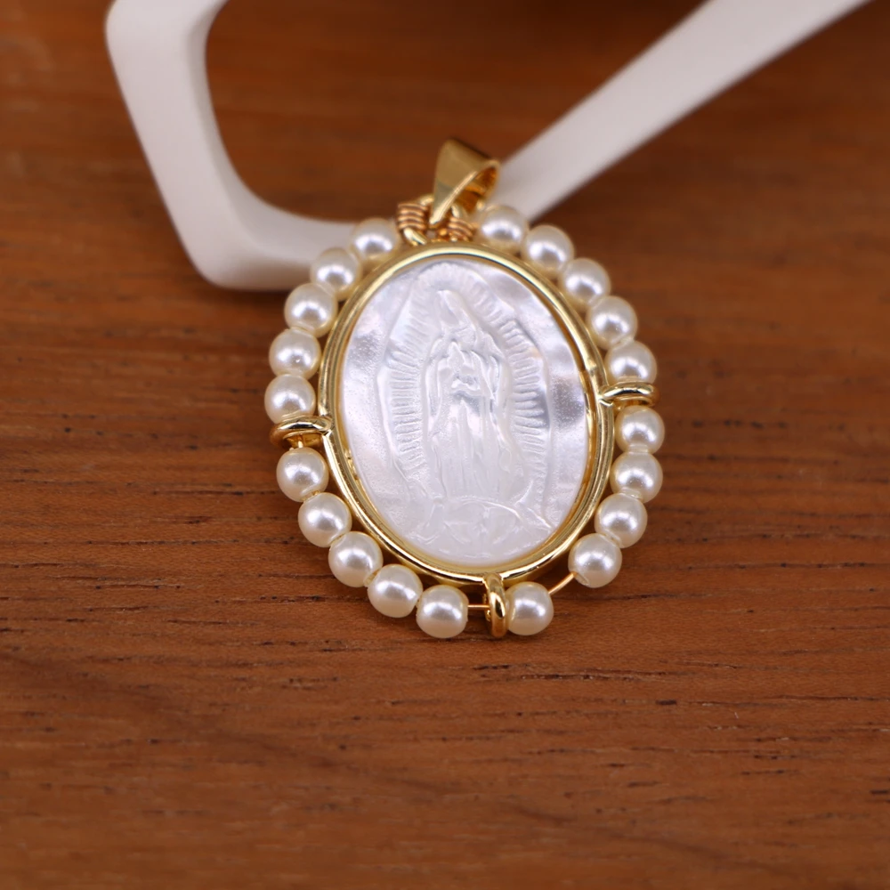 5PCS, New Oval Medal Virgin Mary Pendants Charms For Jewelry Making Religiou Necklace Metal Freshwater Pearl MOP Shell