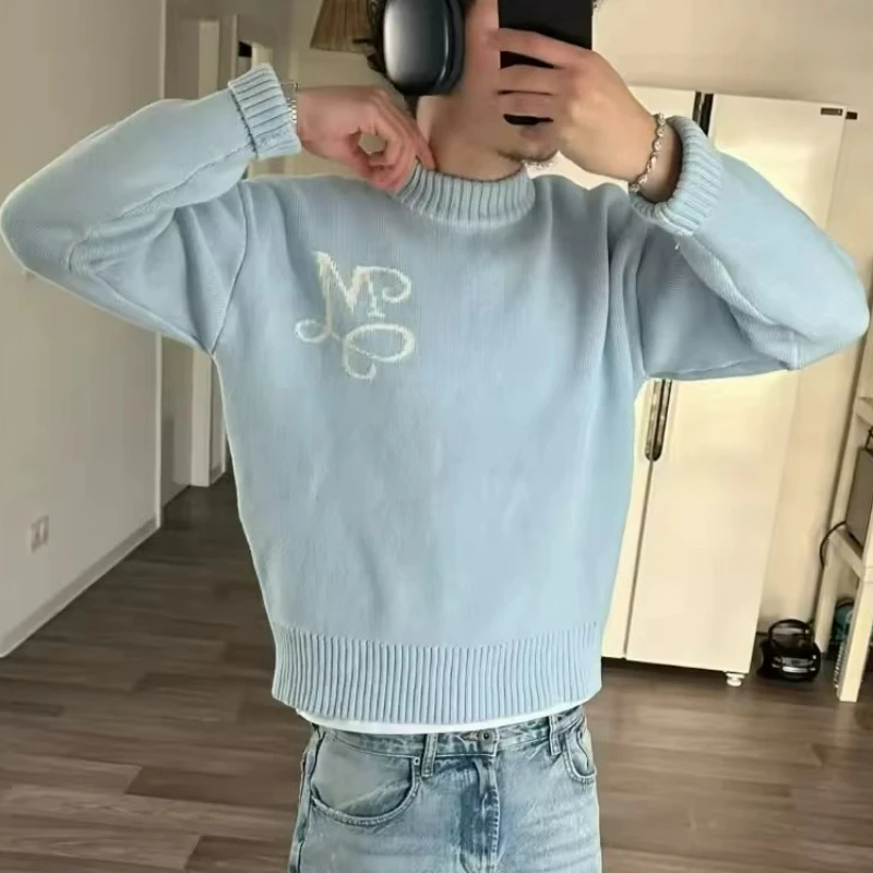 Y2K Sky Blue Long Sleeve Sweater Signature M Symbol Logo Pattern Sweater Trendy Vintage Autumn Winter Unisex Oversized Clothing