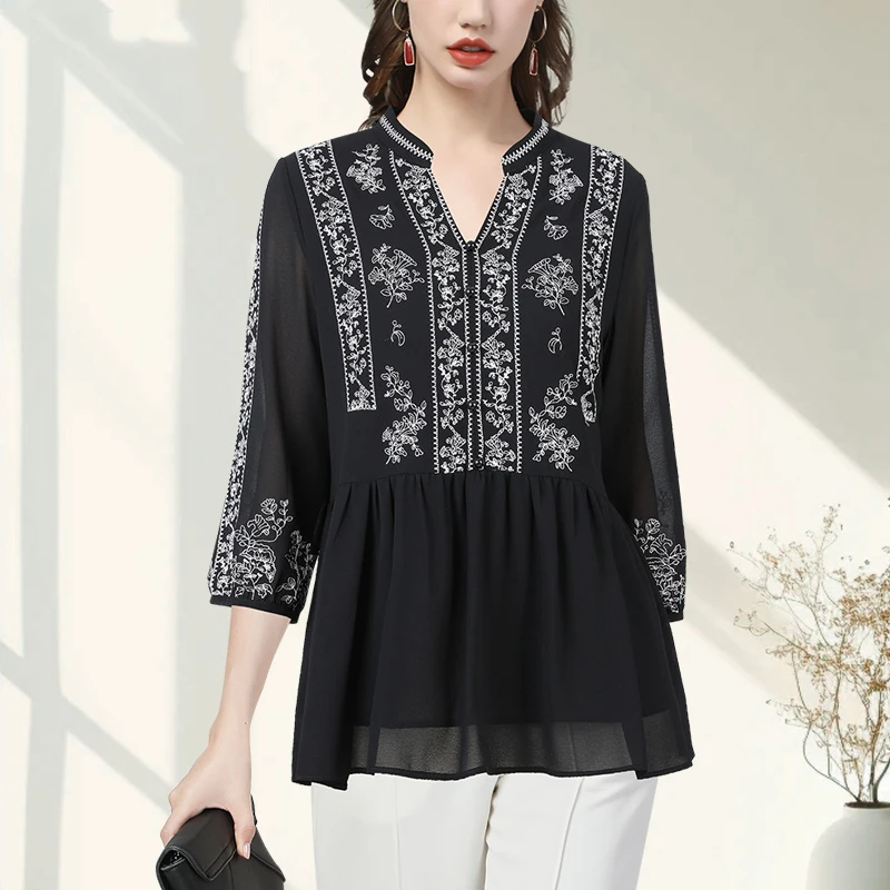 Vintage Embroidered Women Black Chiffon Blouse Women Loose Plus Size V-neck Short Sleeve Spring Summer Tops Female Tulle Shirts