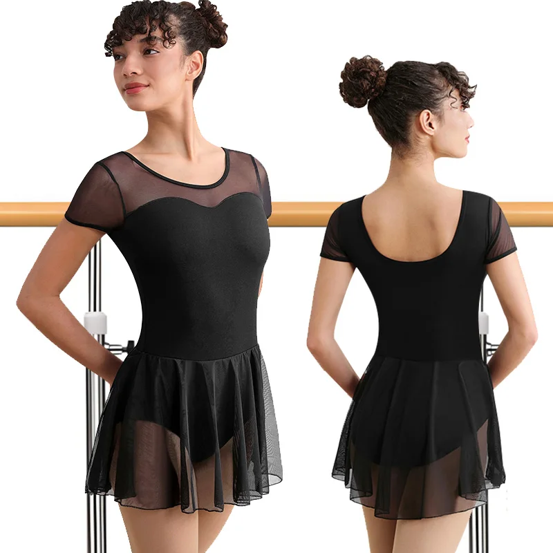 Maillot de Ballet de Manga Corta de Malla para Mujer, Leotardo de Danza para Adultos con Diseño de Espalda en U y Forro, Faldas de Danza Gimnástica