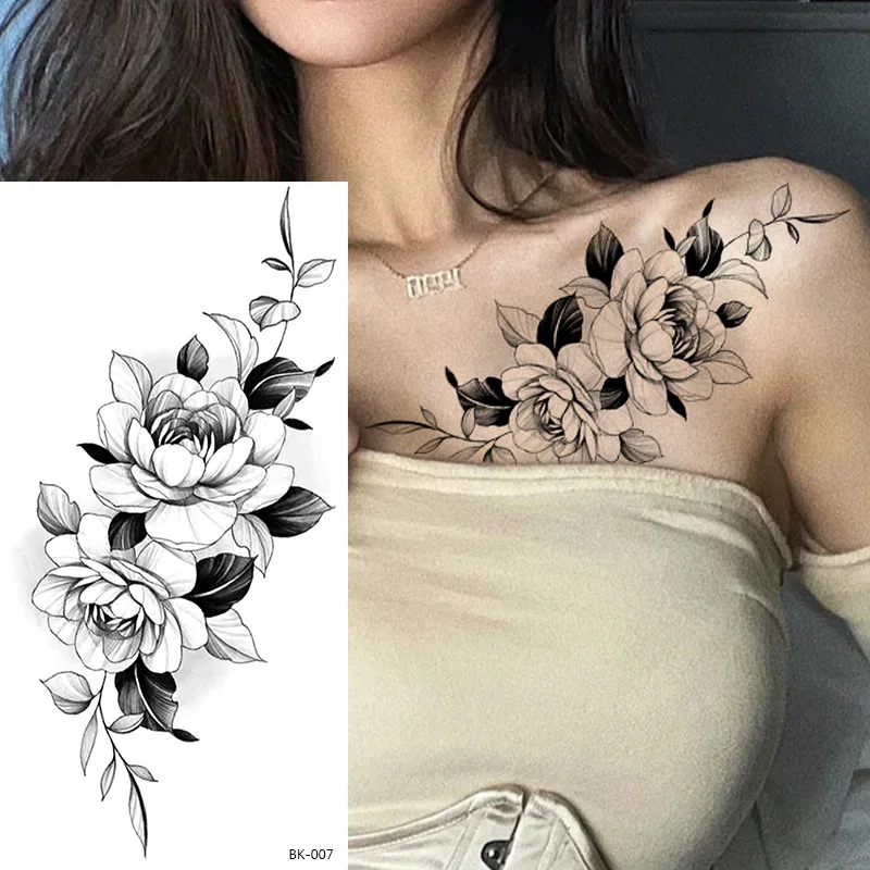 Sketch Flowers Sketch Tattoo Rose Blossoms Black and White Flowers Temporary Tattoos Sticker size: