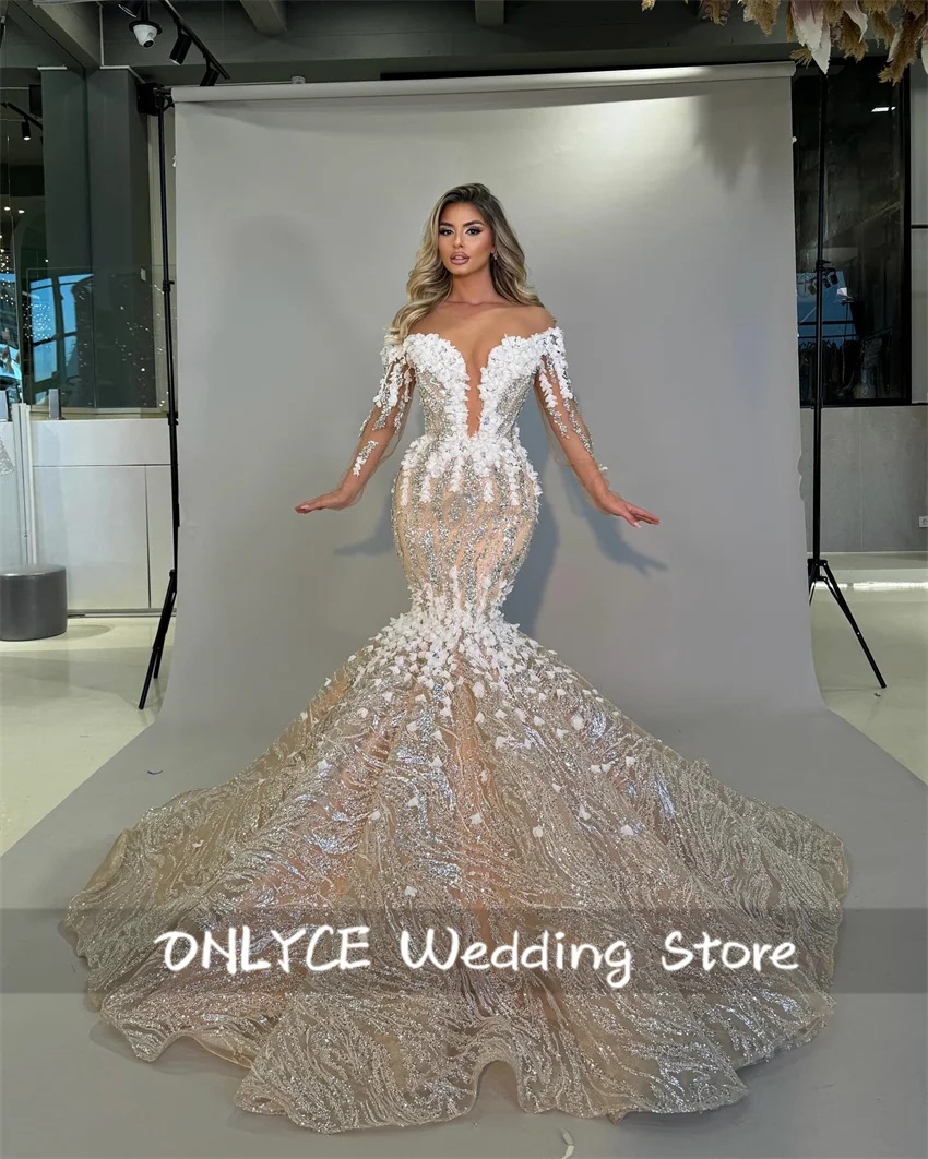 

Exquisite Mermaid Wedding Dress Beading Pearls Appliques Long Sleeves Glitter Crystals Diamonds Bridal Gown Robe De Mariee