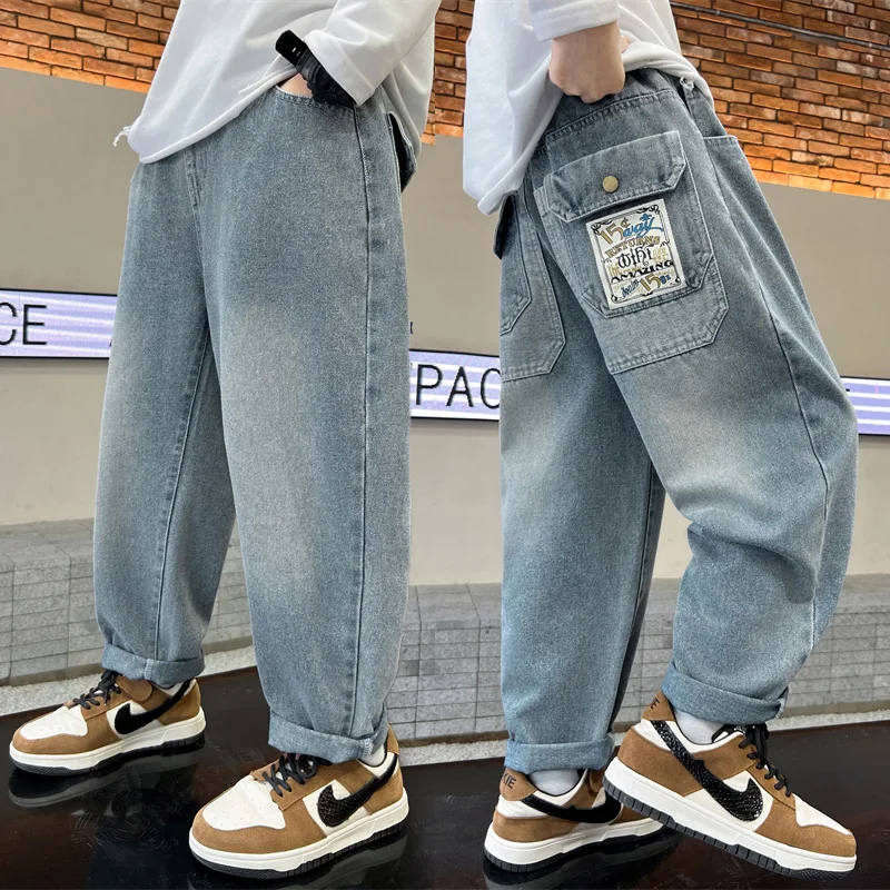 2026 New Spring Autumn Tweens Child Regular Jeans with Embroidery Back Pockets for Teens Boys Casual Denim Pants Trousers