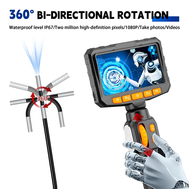 360° Two-Way Articulating Endoscope 4.3 inch Display Inspection Borescope Camera 6.0MM HD 1080P Snake Camera for Automotive