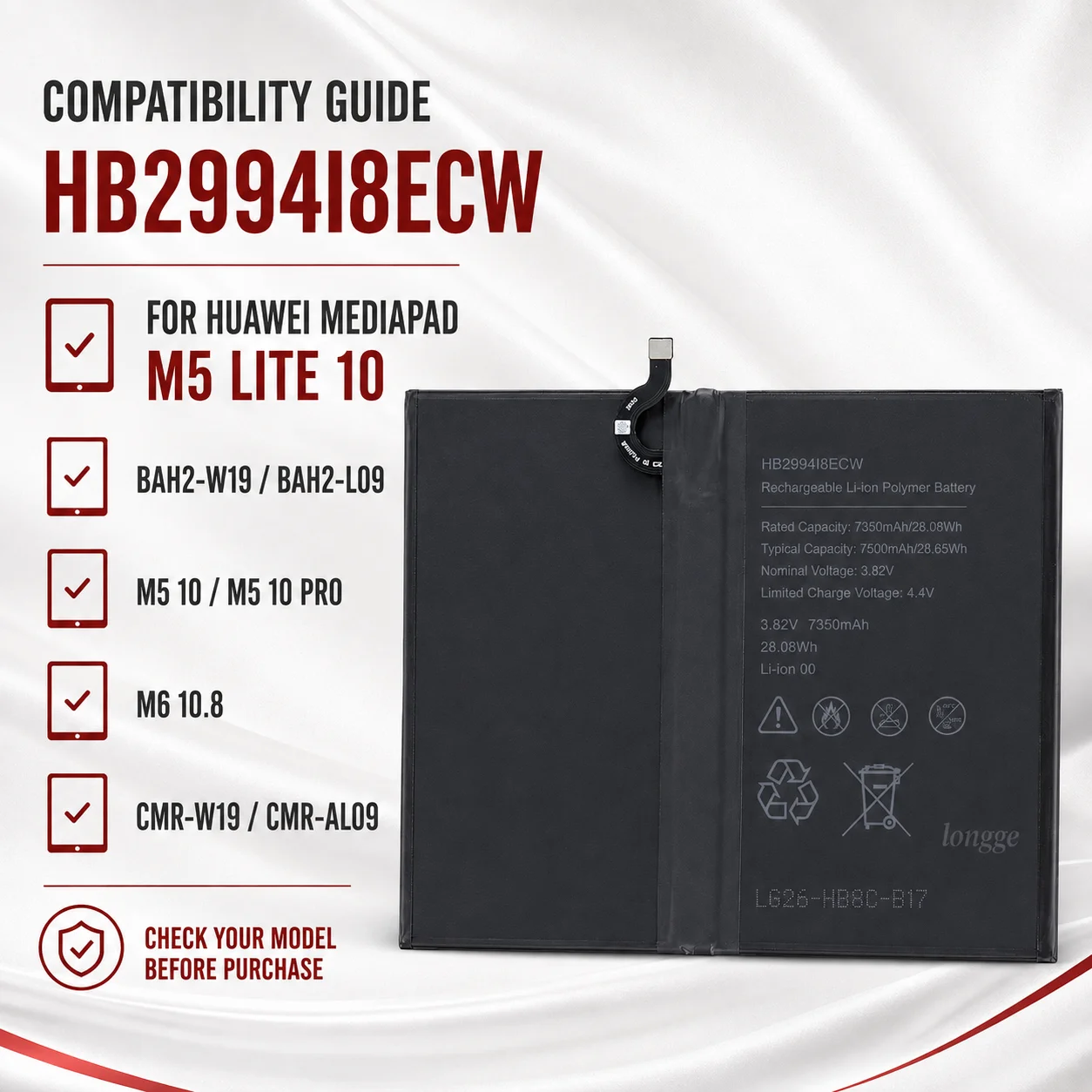 Premium Replacement Battery HB299418ECW 7500mAh For Huawei MediaPad M6 10.8 M5 Lite M5 10 M5 10 Pro With Tools