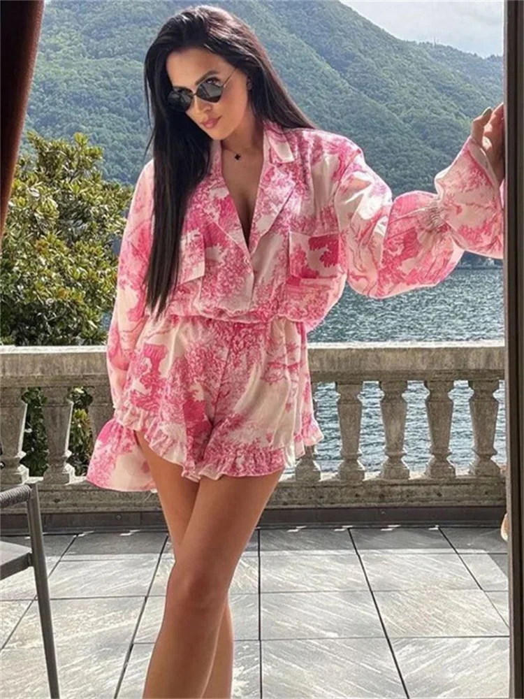 Fashion Ruffled 2 Piece-Set Shorts Women\'s Printed Pocket V-Neck Long Sleeve Coat Top And High Waist Shorts Outfits Female