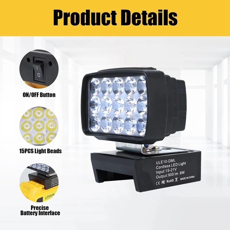 Luz de trabalho portátil sem fio LED, lâmpada branca, holofotes para interior e exterior, bateria 18V