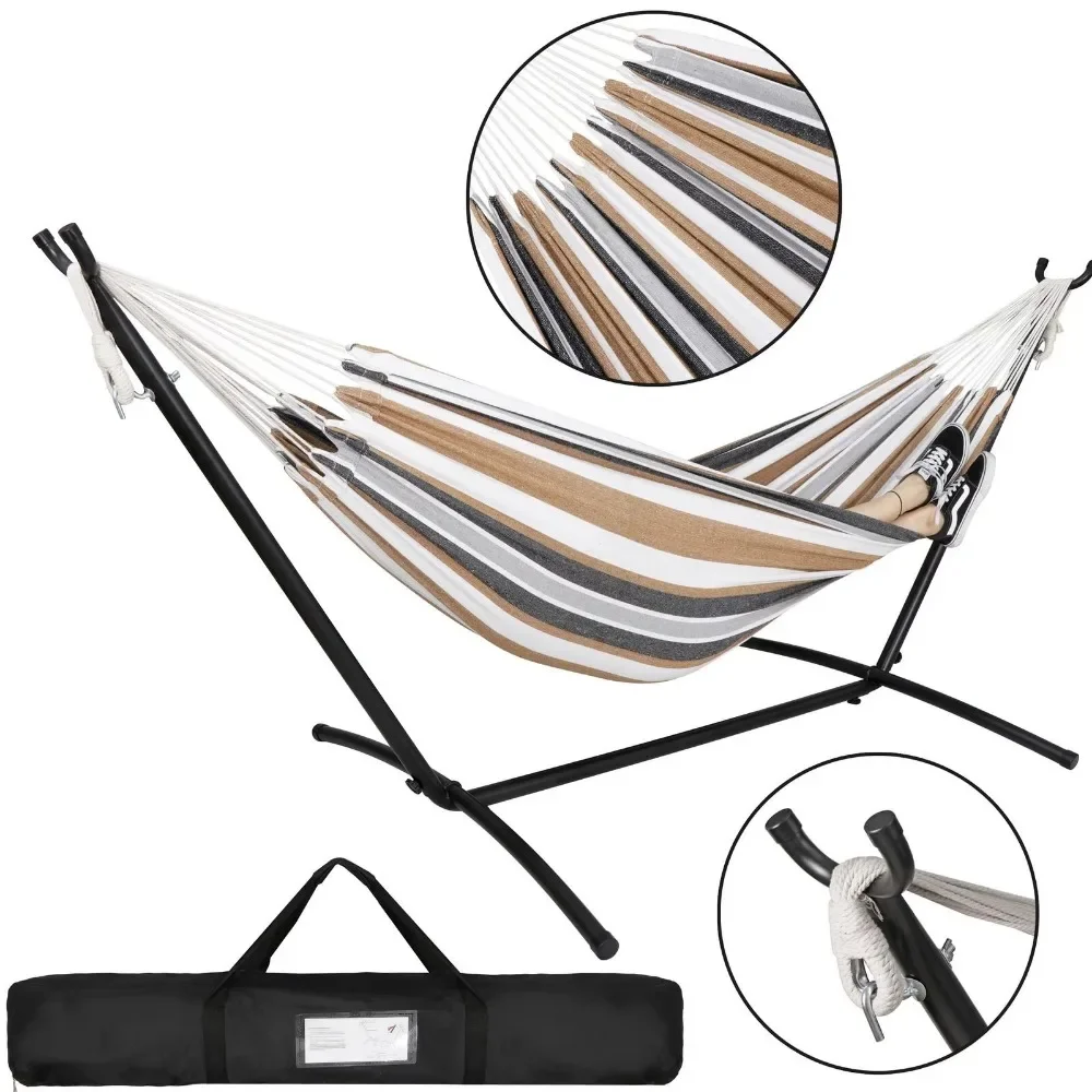 

2-Person Cotton Hammock with Space Saving Steel Stand Garden Yard Outdoor 450lb Capacity, Desert Stripes camping hammock