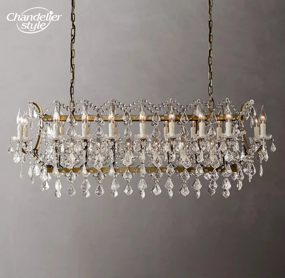 19th C. Rococo Iron & Crystal Rectangular Chandeliers Modern Retro LED Brass White Candle Lamps Living Room Dining Room Lights