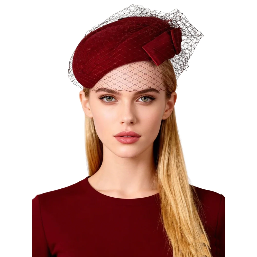 FS Luxury Veil Wool Fascinators Hat Green Wine Red Church Hats For Women Winter Tea Party Beret Cap With Bowknot Chapeau Femme