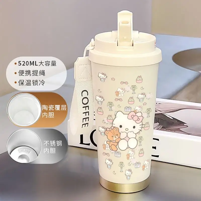 Sanrio Sus316 520Ml Student Double Drink Straw Thermal Cup Kawaii Hello Kitty Cartoon Sports Office Vehicle Mounted Coffee Cup