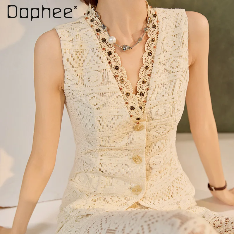 

Light Luxury Temperament Celebrity Retro Suit High-end Hollow V-neck Single-breasted Sleeveless Top High-waist Wide-leg Pants