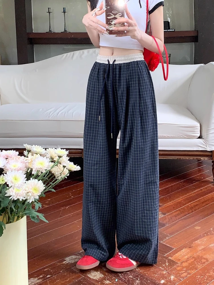

Vintage Pants Women Fashion Casual Streetwear Capris Plaid Pockets Loose Lace Up Wide Leg Pants 2025 New Autumn Spring Pants