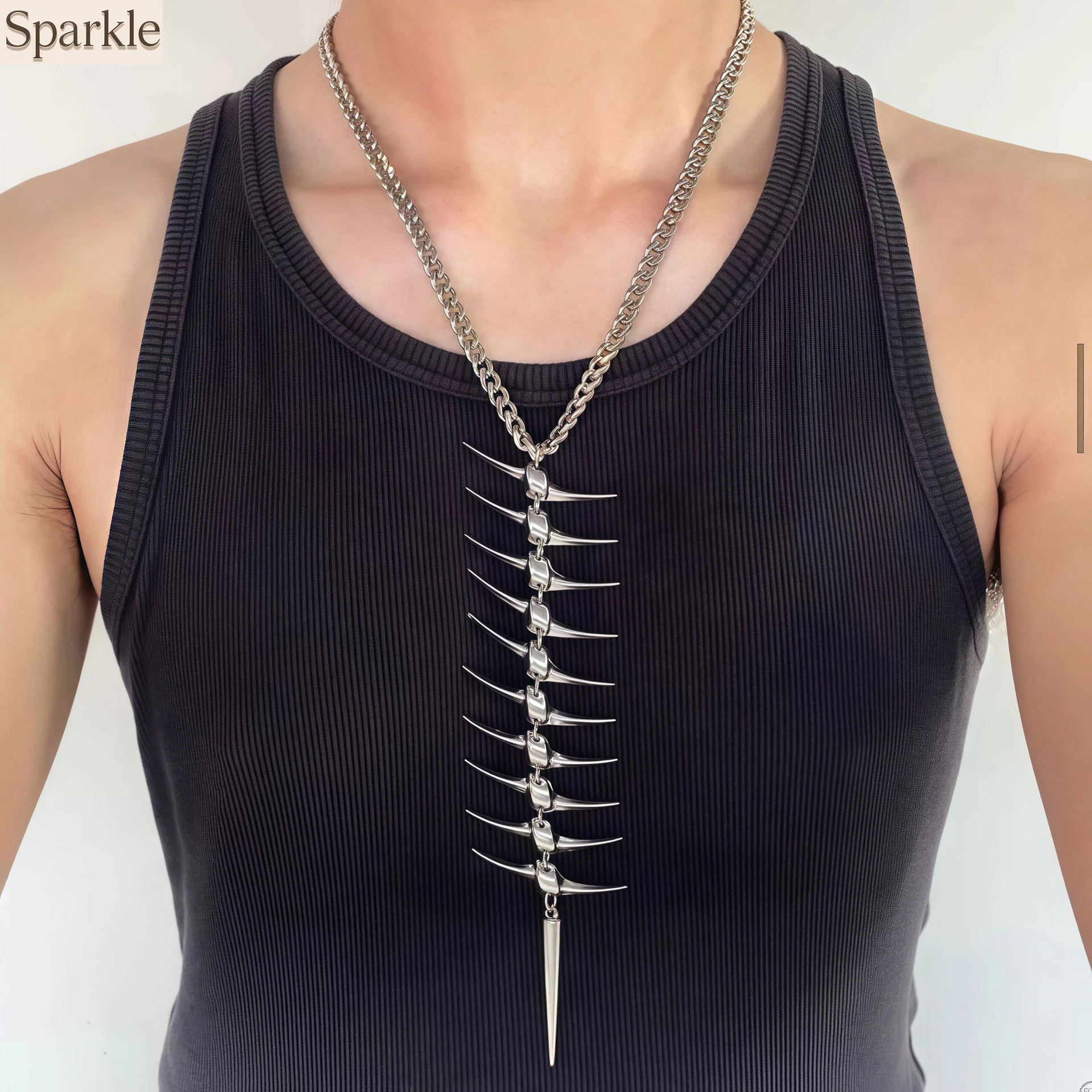 المبالغة الأصلي شوكة سبايك عظم السمك مخروط الهيب هوب قلادة قلادة للرجال النساء الأشواك سلسلة طويلة الشرير بيان مجوهرات