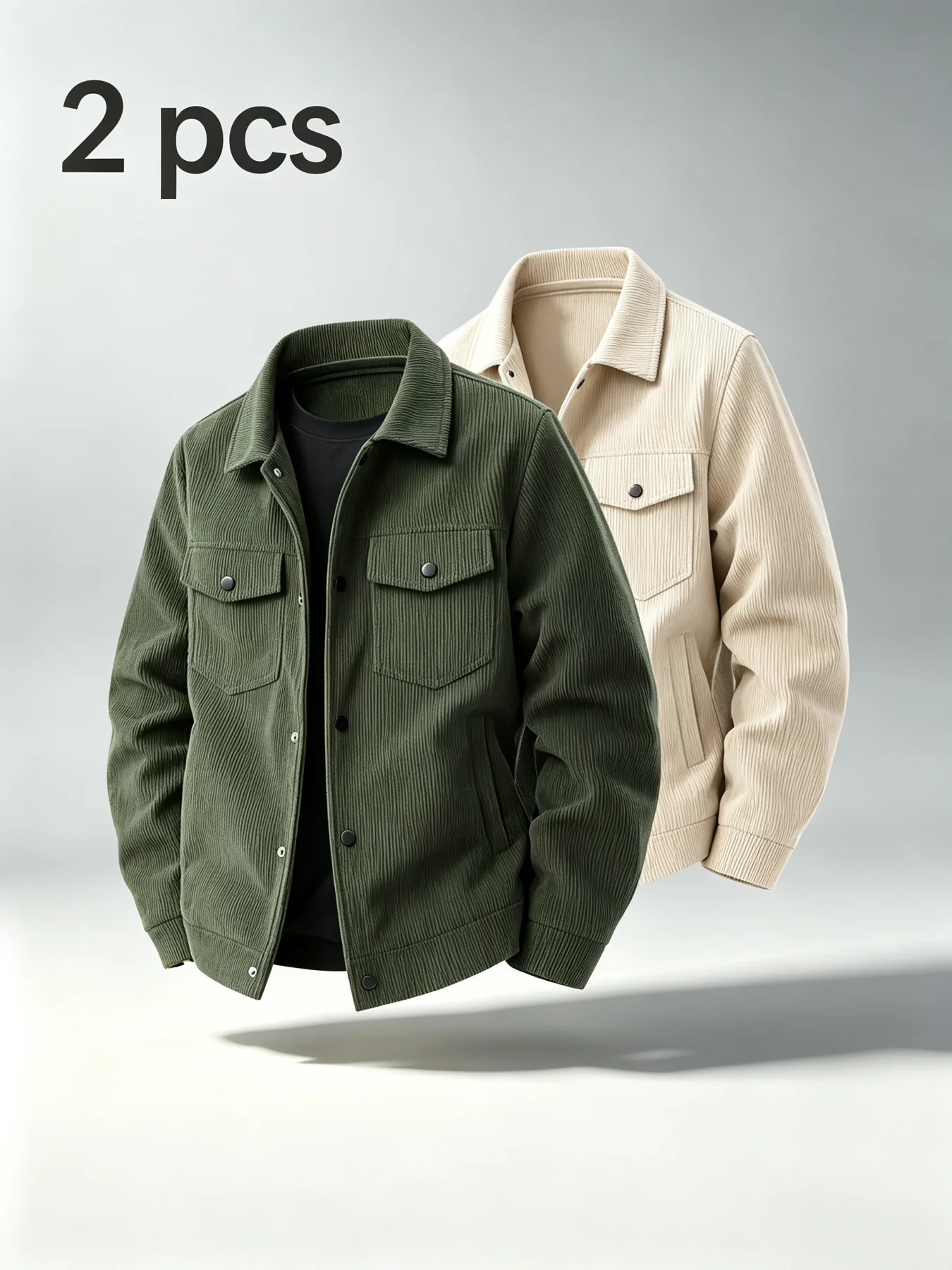 2Pcs Mens Corduroy Trucker Jacket Turn Down Collar Double Chest Pockets Button Down Casual Outerwear Set